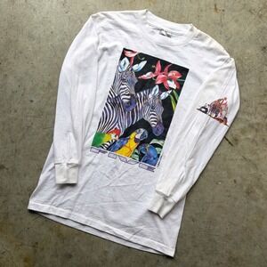 Vintage Oneita Power-T Five Zebra Parrot Graphic Long Sleeve Shirt White Mens M